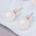 wholesale 18K Rose Gold Hetian Jade Bead Earrings with Certificate, White Jade Round Bead Earrings for Women, Natural Gemstone Rose Gold Ear Studs-0-3