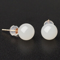 wholesale 18K Rose Gold Hetian Jade Bead Earrings with Certificate, White Jade Round Bead Earrings for Women, Natural Gemstone Rose Gold Ear Studs-Qinghai White Jade Beads 7mm 18K