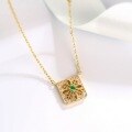 wholesale Silver, Natural Emerald, Ruby Carved Floral Square Necklace, Vintage Openwork Diamond Inlay Jewelry-0-1
