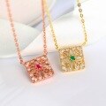 wholesale Silver, Natural Emerald, Ruby Carved Floral Square Necklace, Vintage Openwork Diamond Inlay Jewelry-0-3