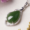 wholesale 925 Silver Inlaid Hetian Jade Pendant Water Drop Green Jade Jewelry with Certificate Retro Style Green Necklace for Women-0-5