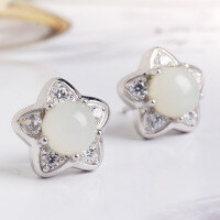 wholesale 925 Sterling Silver Simple Natural Hetian Jade Earrings with Certificate, White Jade Star High-End Elegant Semi-Circular Jade Stud Earrings-White jade semicircle 6*6mm>925 silver