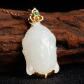 wholesale 18K gold inlaid white jade Buddha head pendant for women with certificate, natural jade necklace pendant-0-3