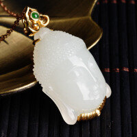 wholesale 18K gold inlaid white jade Buddha head pendant for women with certificate, natural jade necklace pendant-White jade Buddha head 18*28mm