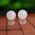 wholesale 18K Rose Gold Hetian Jade Bead Earrings with Certificate, White Jade Round Bead Earrings for Women, Natural Gemstone Rose Gold Ear Studs-0-2