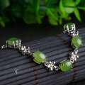 wholesale 925 Silver Vintage Chinese Style Four-Leaf Clover Inlaid with Hetian Jasper Green Jade Bracelet for Women with Certificate-0-1