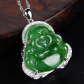 wholesale 925 Sterling Silver Mounted Hetian Green Jade Pendant Necklace with Laughing Maitreya Buddha and Certificate-0-1
