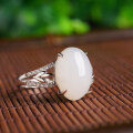 wholesale 925 silver adjustable women's ring with large cabochon Hetian jade, retro jade jewelry, comes with certificate-0-1