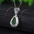 wholesale 925 sterling silver inlaid with certified Hetian jade pendant, minimalist antique-style green jade drop necklace for women-0-2