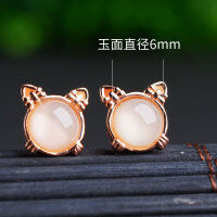 wholesale Rose gold plated 925 silver with certificate, sweet and cute cat earrings featuring white jade tassels and Hetian jade-Earrings 925 Silver
