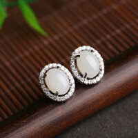 wholesale 925 Sterling Silver Inlaid with Hetian Jade Earrings, Comes with Certificate, Minimalist Ancient Style Hanfu Qipao Jade Ear Accessories White Jade Earrings-White jade 6*8mm 925 silver