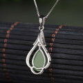 wholesale 925 Sterling Silver Wholesale Ethnic Style Inlaid with Hetian Jade Pendant with Certificate, Green Jade Teardrop-shaped Pendant for Women-0-2