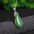 wholesale 925 Sterling Silver Hetian Jade Pendant Inlaid with Natural and Elegant Drop-Shaped Green Jade, Women's Necklace-0-1