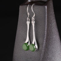 wholesale 925 Sterling Silver Fashionable Natural Hetian Jade Earrings with Certificate, Elegant Long Green Jade Ear Accessories-Jasper 8*8mm*2 925 silver