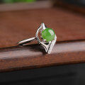 wholesale 925 Silver Inlaid Green Jade Half-Round Ring, Fashion Minimalist Green Jade Ring Wholesale, Hetian Jade Open-Ended Women's Ring-0-1