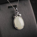 wholesale 925 Sterling Silver Inlaid White Jade Pendant with Certificate, New Large Cabochon Natural Hetian Jade Pendant for Women-0-3