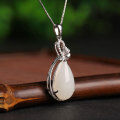 wholesale 925 Sterling Silver Inlaid Vintage Style White Jade Pendant with Identification Certificate, Waterdrop Nephrite Pendant for Women-0-1