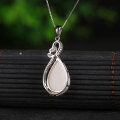wholesale 925 Sterling Silver Inlaid Vintage Style White Jade Pendant with Identification Certificate, Waterdrop Nephrite Pendant for Women-0-2