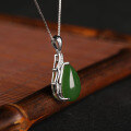 wholesale Retro 925 sterling silver pendant with certificate, inlaid with teardrop-shaped green jade, fashionable Hetian jade bamboo knot necklace for women-0-1