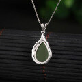 wholesale Retro 925 sterling silver pendant with certificate, inlaid with teardrop-shaped green jade, fashionable Hetian jade bamboo knot necklace for women-0-2