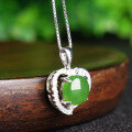 wholesale 925 Silver Inlaid Semi-Circular Green Jade Pendant with Appraisal Certificate, Hollow-Out Heart-Shaped Vintage Jade Necklace for Women-0-1