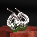 wholesale 925 sterling silver inlaid with green round jade beads, New Chinese retro-style Hetian jade earrings with certificate-0-2