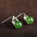 wholesale 925 sterling silver inlaid with green round jade beads, New Chinese retro-style Hetian jade earrings with certificate-0-1