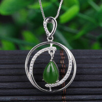 wholesale Fashion 925 Silver Plated Rose Gold Inlaid with Hetian Jasper Natural Jade Round Pendant Necklace for Women Wholesale-Silver pendant (without chain)  925 silver