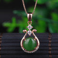 wholesale Rose gold plated 925 silver inlaid with Hetian jade pendant necklace natural jade retro vase pendant collarbone chain-0-6
