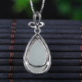 wholesale 925 Sterling Silver with Certificate Flower Clasp Inlaid with Hetian Jade Pendant, Palace Ancient Style Necklace Water Drop White Jade Pendant for Women-0-2