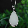 wholesale 925 Sterling Silver Pendant with Long Teardrop Hetian Jade Inlay, Elegant White Jade Pendant for Women, Comes with Appraisal Certificate-0-2