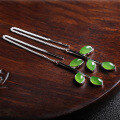 wholesale 925 Silver Inlaid with Hetian Green Jade Long Tassel Earrings, Leaf Design in Vintage Qipao Style-0-1