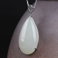 wholesale 925 Sterling Silver Pendant with Long Teardrop Hetian Jade Inlay, Elegant White Jade Pendant for Women, Comes with Appraisal Certificate-0-1