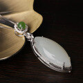 wholesale 925 Sterling Silver Inlaid with Hetian Jade Pendant with Certificate, Factory Direct, National Trend Retro Style, White Jade Marquise Olive-Shaped Necklace-0-2