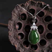 wholesale 925 Silver Hetian Jade Pendant Appraisal Certificate Water Drop Green Jade Retro Ethnic Style Silver Jewelry Necklace-Jasper 10*15mm Pendant (without chain)  925 Silver