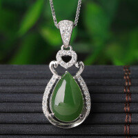 wholesale 925 Sterling Silver Inlaid Hetian Jade Pendant, Ethnic Style Hollow-Out Waterdrop Jade Necklace for Women with Certificate-Jadeite 8*12mm pendant (without chain)  925 silver