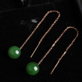 wholesale 18K Gold Vintage Hetian Jasper Earrings, Natural Hetian Jade Ear Thread Earrings with Certificate, Round Bead Jade Earrings for Women-0-2
