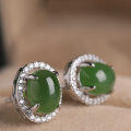 wholesale 925 silver inlaid with simple antique-style jade earrings, featuring a cabochon-cut Hetian jade, accompanied by an appraisal certificate-0-1