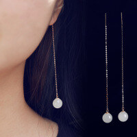 wholesale 18K rose gold minimalist ancient-style jade earrings with 8mm jade beads, long drop earrings for women, with certificate, Hetian jade ear thread-White jade beads 8*8mm>18K