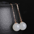 wholesale 18K rose gold minimalist ancient-style jade earrings with 8mm jade beads, long drop earrings for women, with certificate, Hetian jade ear thread-0-2