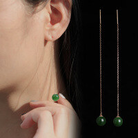 wholesale 18K Gold Vintage Hetian Jasper Earrings, Natural Hetian Jade Ear Thread Earrings with Certificate, Round Bead Jade Earrings for Women-Jadeite beads 8*8mm 18K