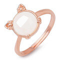 wholesale 925 Sterling Gold-Plated Rose Gold Openable Ring with White Jade, Featuring a Lovely Cat Design, Made from Oily and Smooth Hetian Jade, Women's Jewelry, Gemstone Ring-0-0