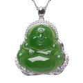 wholesale 925 Sterling Silver Mounted Hetian Green Jade Pendant Necklace with Laughing Maitreya Buddha and Certificate-0-4