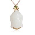 wholesale 18K gold inlaid white jade Buddha head pendant for women with certificate, natural jade necklace pendant-0-4