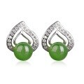 wholesale 925 sterling silver inlaid with green round jade beads, New Chinese retro-style Hetian jade earrings with certificate-0-4
