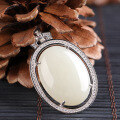 wholesale 925 silver retro ethnic style large cabochon white jade pendant necklace with certificate, inlaid with natural Hetian jade-0-0