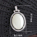 wholesale 925 silver retro ethnic style large cabochon white jade pendant necklace with certificate, inlaid with natural Hetian jade-0-5