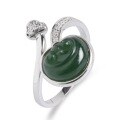 wholesale 925 Sterling Silver Inlaid with Hetian Jade Open-Ended Green Jade Ring for Women, Wholesale Jade Ruyi Silver-Wrapped Jade Ring-0-4
