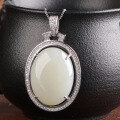 wholesale 925 silver retro ethnic style large cabochon white jade pendant necklace with certificate, inlaid with natural Hetian jade-0-1