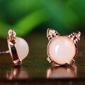 wholesale Rose gold plated 925 silver with certificate, sweet and cute cat earrings featuring white jade tassels and Hetian jade-0-2
